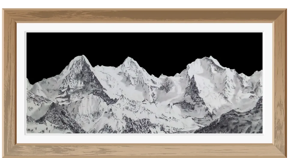 Schneebedeckter Eiger, Mönch und Jungfrau im Rahmen.