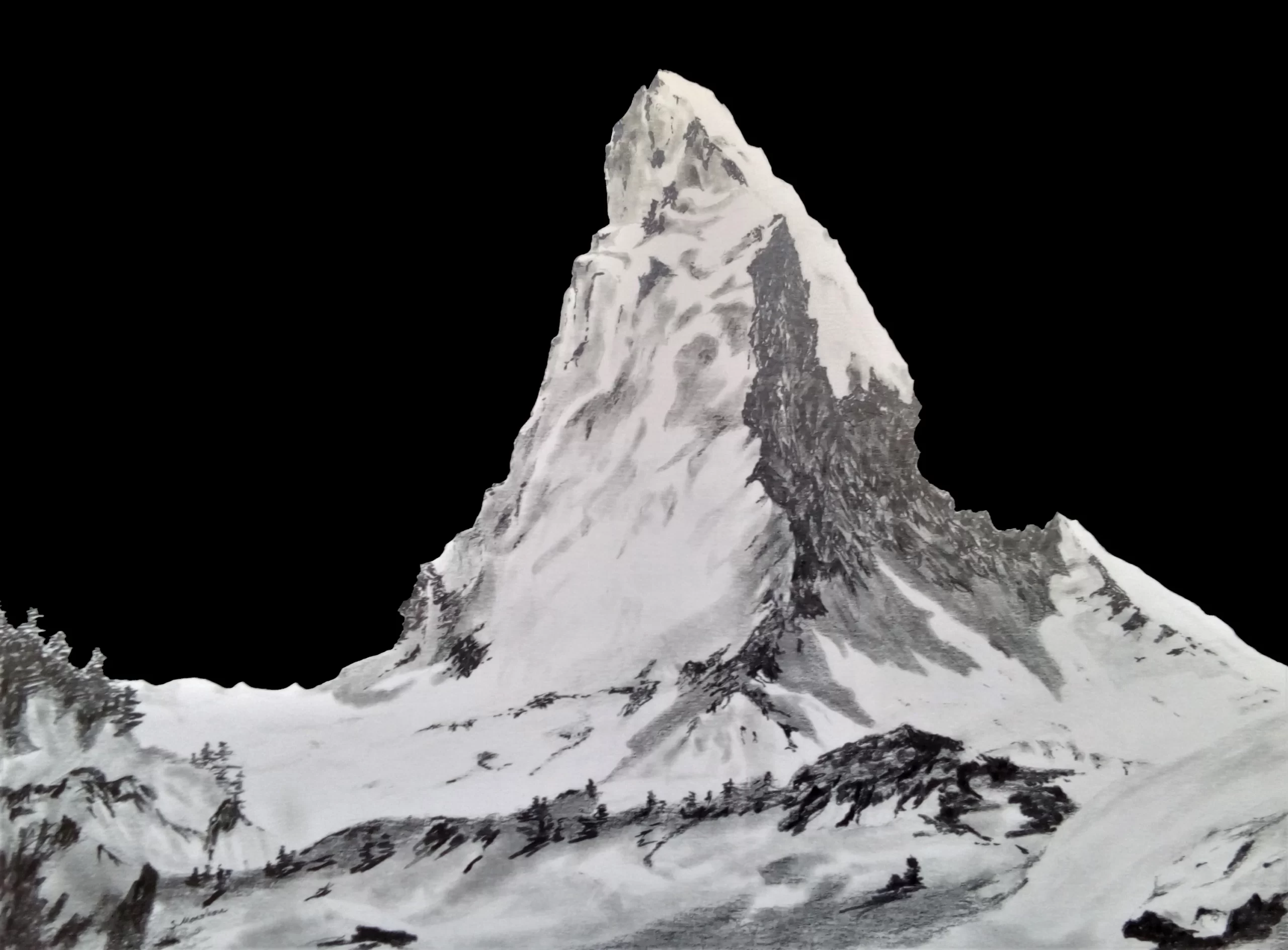Matterhorn Zeichnung in Bleistift und Acryl.